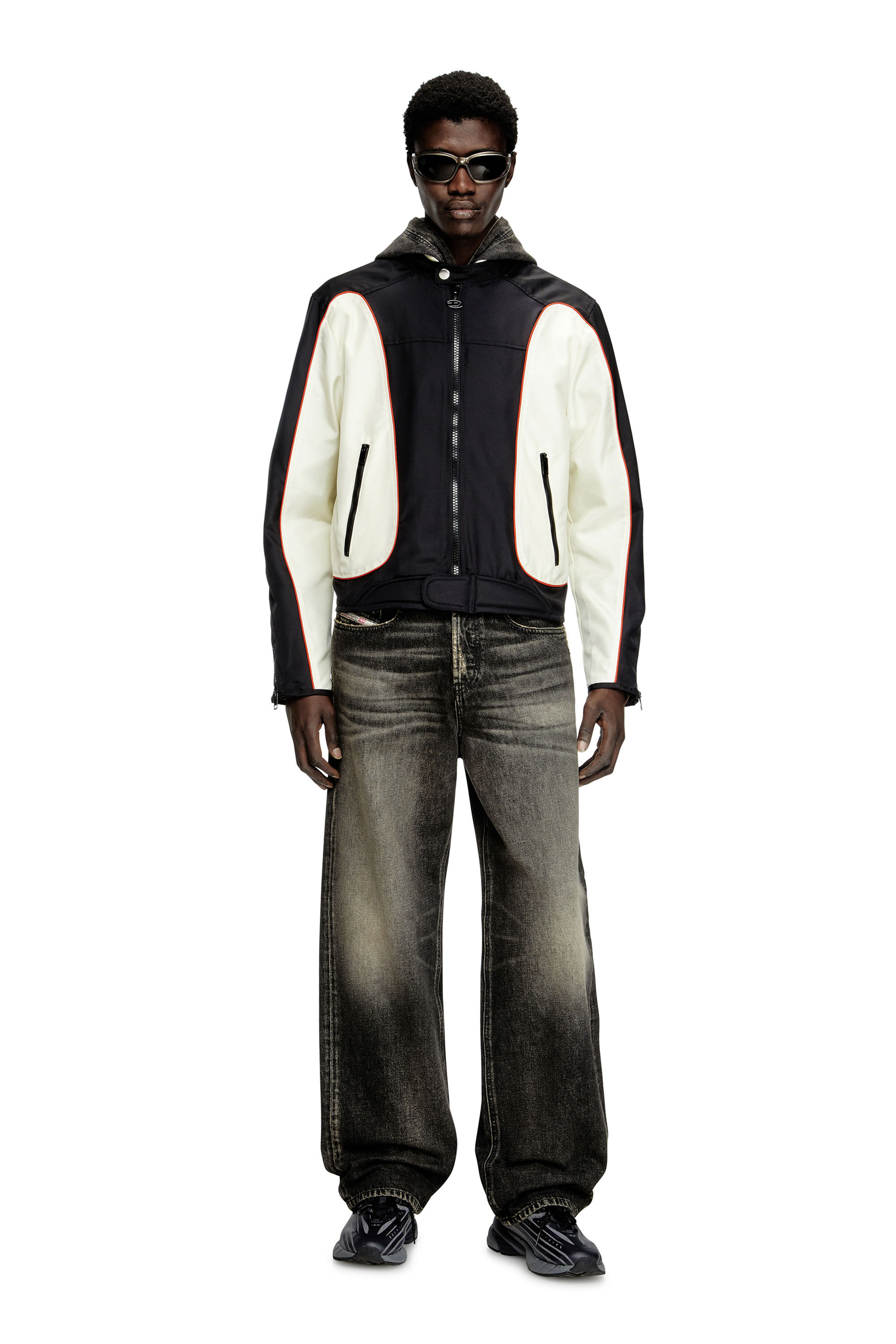 Diesel - J-BLINK-A, Herren Colour-Block-Biker-Jacke mit Paspelierung in Weiss/Schwarz - 1
